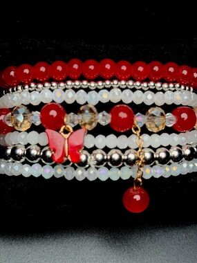 Beautiful Cherry Red Glass Beads, Sparkly White Glass Crystals w/Butterfly Charm